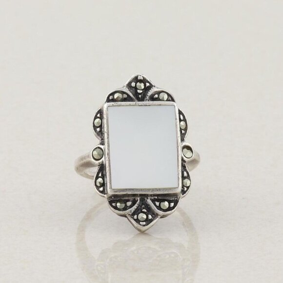 Jewelry - Sterling Silver Mother of Pearl and Marcasite Ring Size 6 1/2